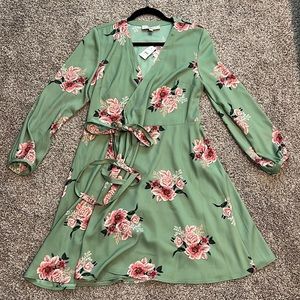 LOFT: Green and Pink Long-sleeve Floral Wrap Mini Dress (Tag Still On)